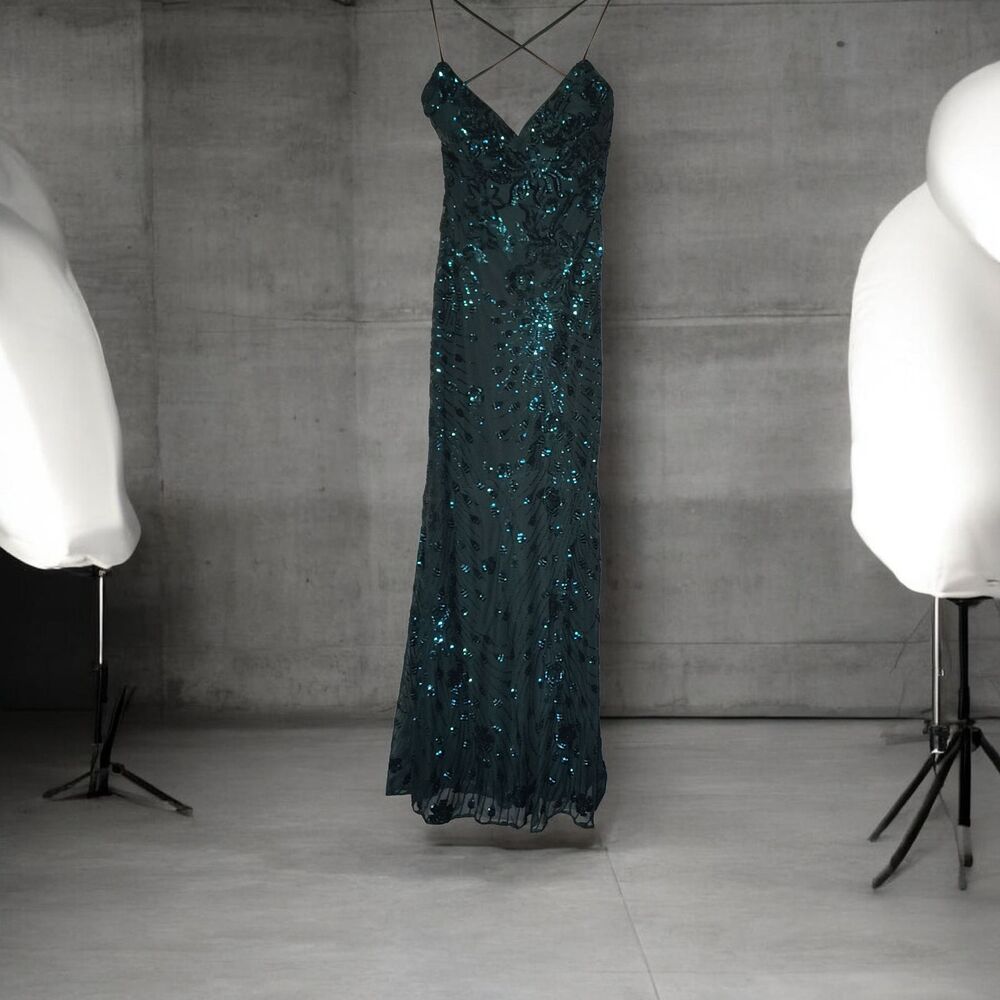 Lulus Glowing All Night Emerald Sequin Mermaid Maxi Dress Size Small, formal